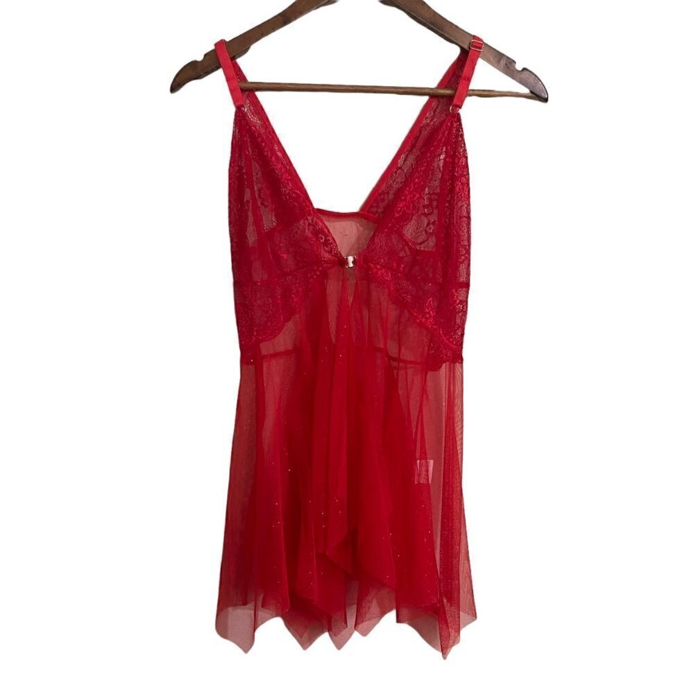Womens Red Lace Front Clasp Ruffle Asymmetrical Glitter Teddy Lingerie 0XL